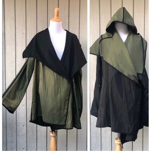 Reversible Black Olive Green Hooded Cape Poncho Windbreaker Jacket One size
